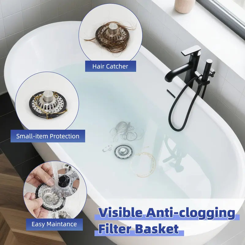 Hibbent 3-in-1 Chrome Brass Metal Bathroom Decor Sink Stopper (1 Pack) - Anti-Clogging Quick Drain with Tight Seal Washers, 4 Silicone Rings, Visible Top Hair Catcher, Detachable Filter Basket, Fits 1.53-2.4in Standard Holes, Low-Maintenance