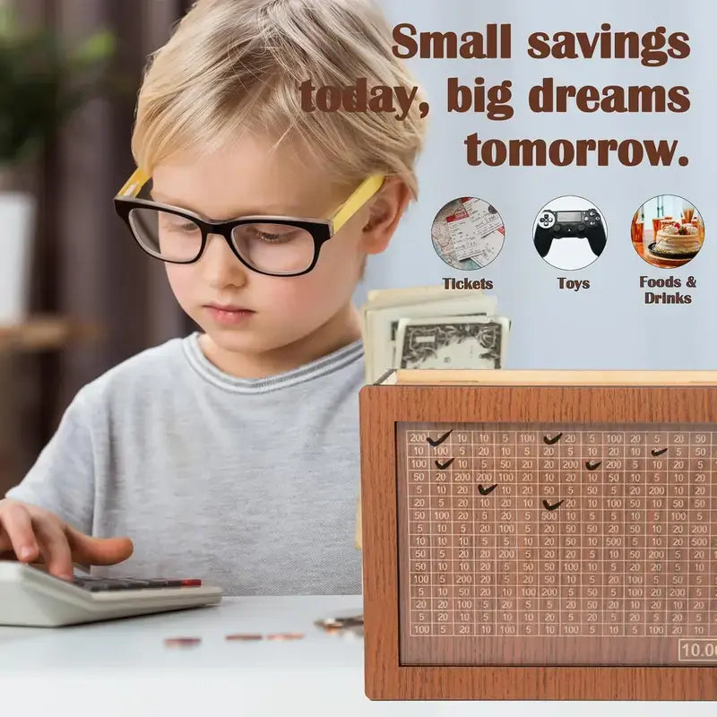 Wooden Money Saving Box for Cash, $10K Savings Challenge Piggy Bank, Gift for Kids Teens Adults, Decorative Cash Vault for Home Office Decor Cash Coin Jar Coin Bank