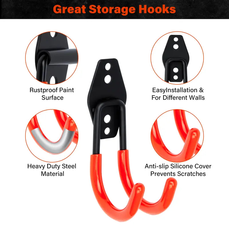 16PCS Heavy Duty Wall-Mounted Garage Storage Hooks Set with Hardware & Straps Multi-Shape Organizer for Tools Bikes Ladders Garden Equipment in Garage Shed Workshop