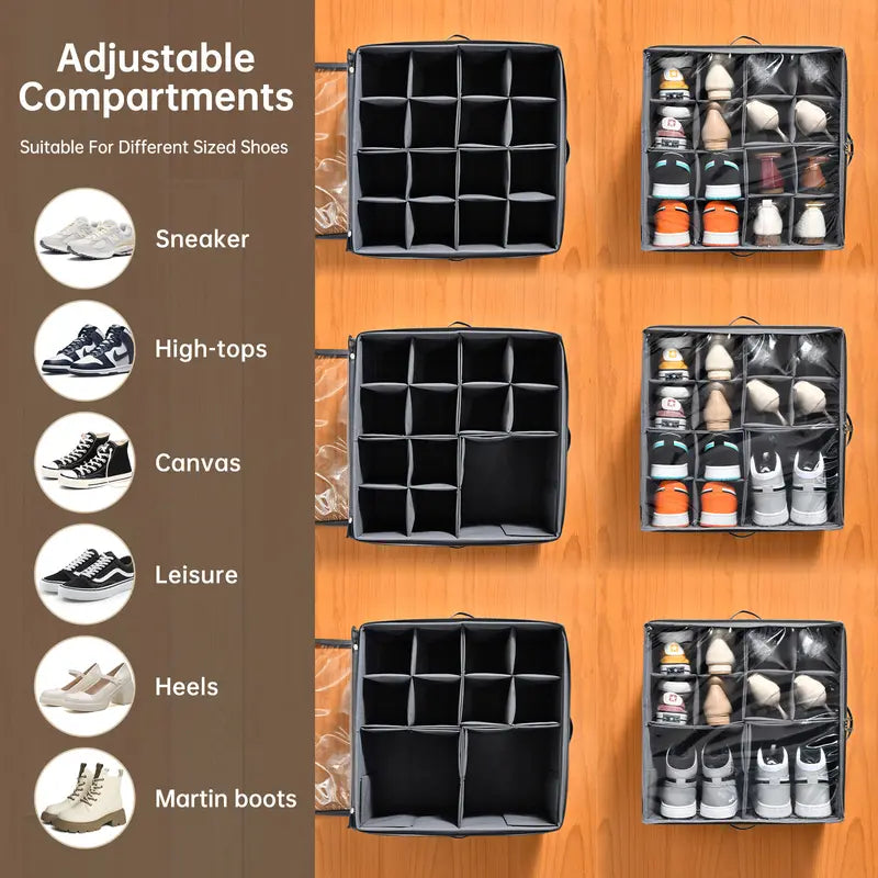 Durable Shoe Organizer Boxes, Dust Proof Fabric Shoe Storage Box with Adjustable Dividers, Compartments, Foldable Design, 8-16 Pairs Capacity, Bedroom Home Storage Organization Solution for Dorm Students