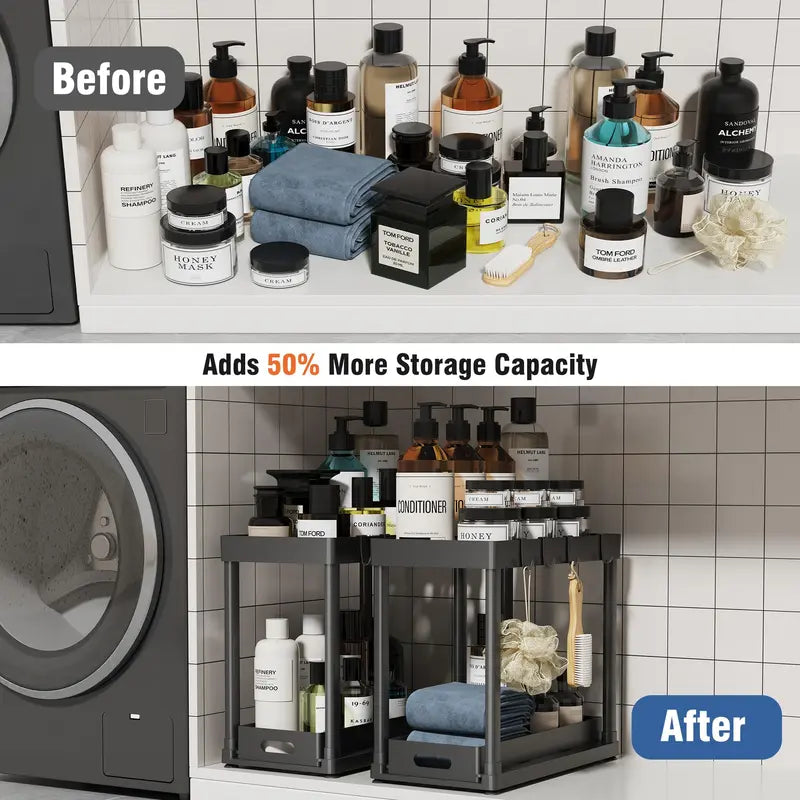 2-Pack Black Under Sink Sturdy Open Shelf Organizer (15x8x12.8in), Plastic Multi-Purpose Anti-Slip Sliding Baskets with 8 Hooks, Metal-Frame Kitchen Accessories for Cabinets, Drawer Storage Organizer, Racks for Furniture Storage & Small Items Organization