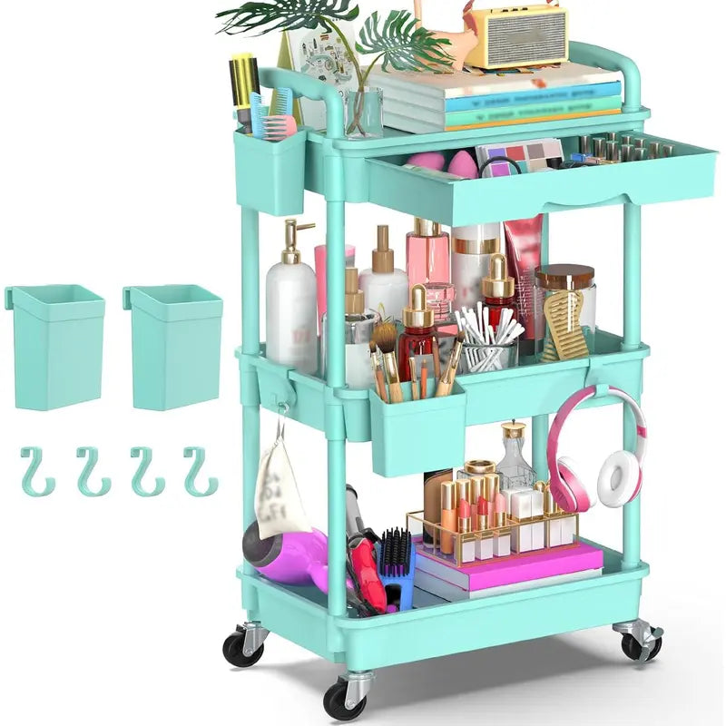 VANCASTLE 3/4 Tier Rolling Utility Cart Organizer with Removable Drawer - Sturdy Rolling Storage Cart with 2 Lockable Wheels for Bathroom, Kitchen, Snack, Craft, Makeup, and Baby Essentials White Racks bathroom organizer garage accessories