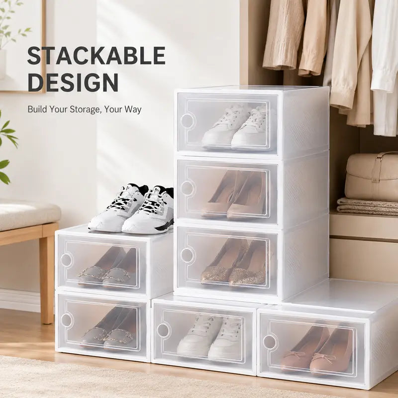 Premium Plastic Stackable Shoe Storage Container - Durable Clear-Based Home Organizer with Magnetic Door, Foldable Design, Entryway Organizer, Closet Storage, Display Rack, Square Sneaker Protection, Entryway Shoe Organizer