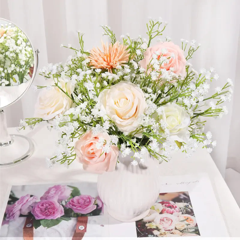DEEMEI White Artificial Gypsophila Flower Bouquet with Faux Initial - Elegant Flower Bouquet Decorations for Wedding & Home Decor, Babys Breath
