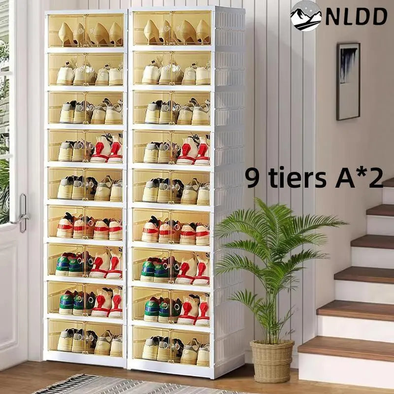 9-Tier Foldable Plastic Shoe Rack Organizer - Multilayer Display, Closet Organizer, Dust-Free Access, 18-Pair Capacity, Collapsible Stackable Magnetic Design, Fast 3-5 Min Setup, Compact Storage for Tiny Spaces (For Families/Individuals)
