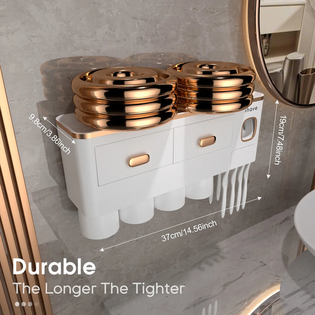 Ihave 2/4 Bathroom Toothbrush Holder, Toothbrush Holders Wall Mounted 2/3/4 Cup Toothbrush Rack with Toothpaste Dispenser, Large Capacity Tray, Cosmetic Drawer, Toothbrush Storage, Toothbrush Organizer, Bathroom Accessory, Home Goods