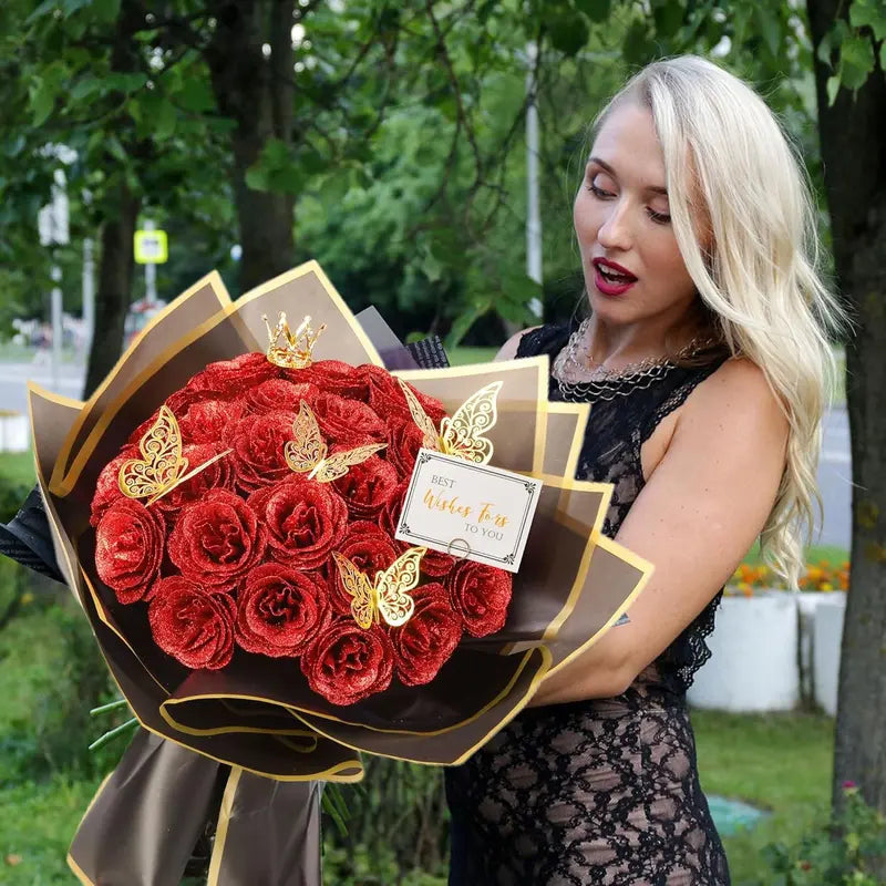24Pcs DIY Colorful Glitter Silk Faux Flower Bouquet - Shiny Artificial Red Decorative Bouquet, Wardrobe & Room Accessories, Romantic Gifts for Girlfriend, Garage & Home Decor Supplies