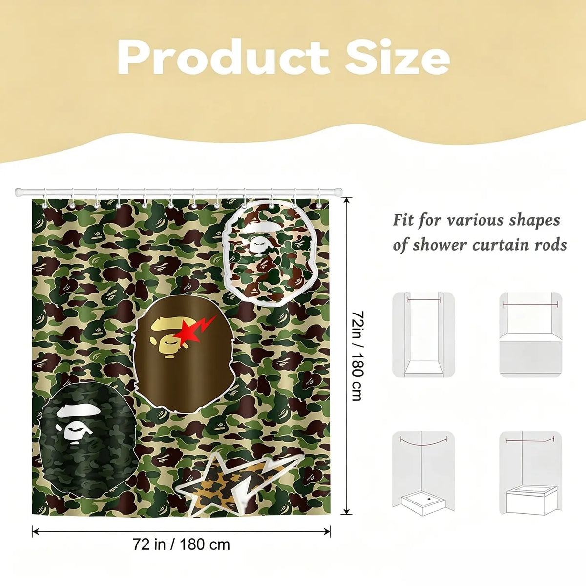 Camo Ape Head Pattern Removable Shower Curtain, Digital Print Waterproof Shower Curtain, Easy Install Hooks Included, Streetwear Themed Bathroom Decor, Machine Washable