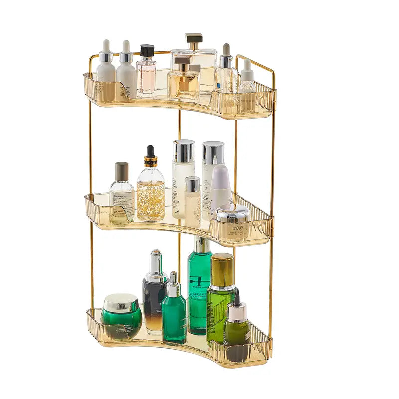 UFORU 3-Tier Transparent Plastic Corner Bathroom Counter Organizer Storage - Bathroom Accessory with Gold Metal Pole, Anti-Slip Trays for Cosmetics, Perfumes, Skincare, Vanity Use, Bedroom Organizer Storage