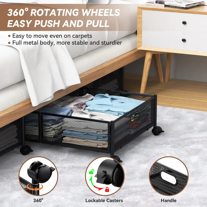Flycity 2-Pack Under Bed Open Storage Bins with Rotating Wheels - Durable Foldable Space-Saving Closet Storage Box, Easy Access Organizer for Bedroom Clothes, Shoes (Black/White)