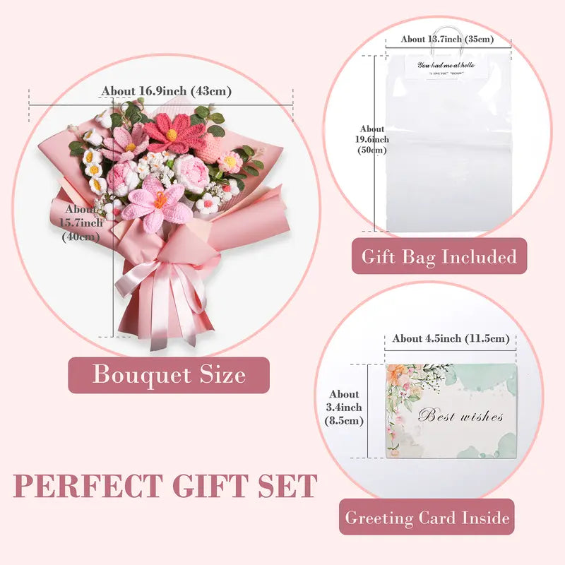 EZsenses Decorative Crochet Rose Artificial Flower Bouquet Set - Premium Yarn, Handmade Charm, Gift Bag, Greeting Card, Mom Birthday Gift, Home/Wedding Decor (Floral Decorative Flowers, Plants & Fruit)