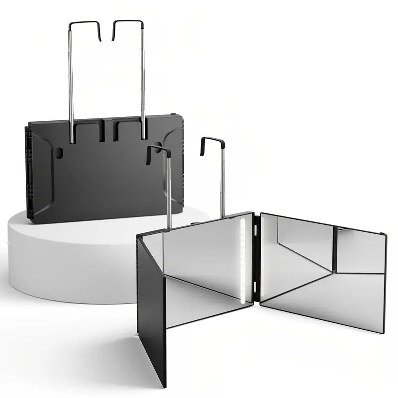 360-Degree Rotatable Adjustable Self-Haircut Mirror, Modern Rectangle 3-Way Bathroom Gadget with Transparent Anti-Fog HD Glass, LED Light, USB-Rechargeable Plastic Frame - Home Bathroom Personal Care Gift
