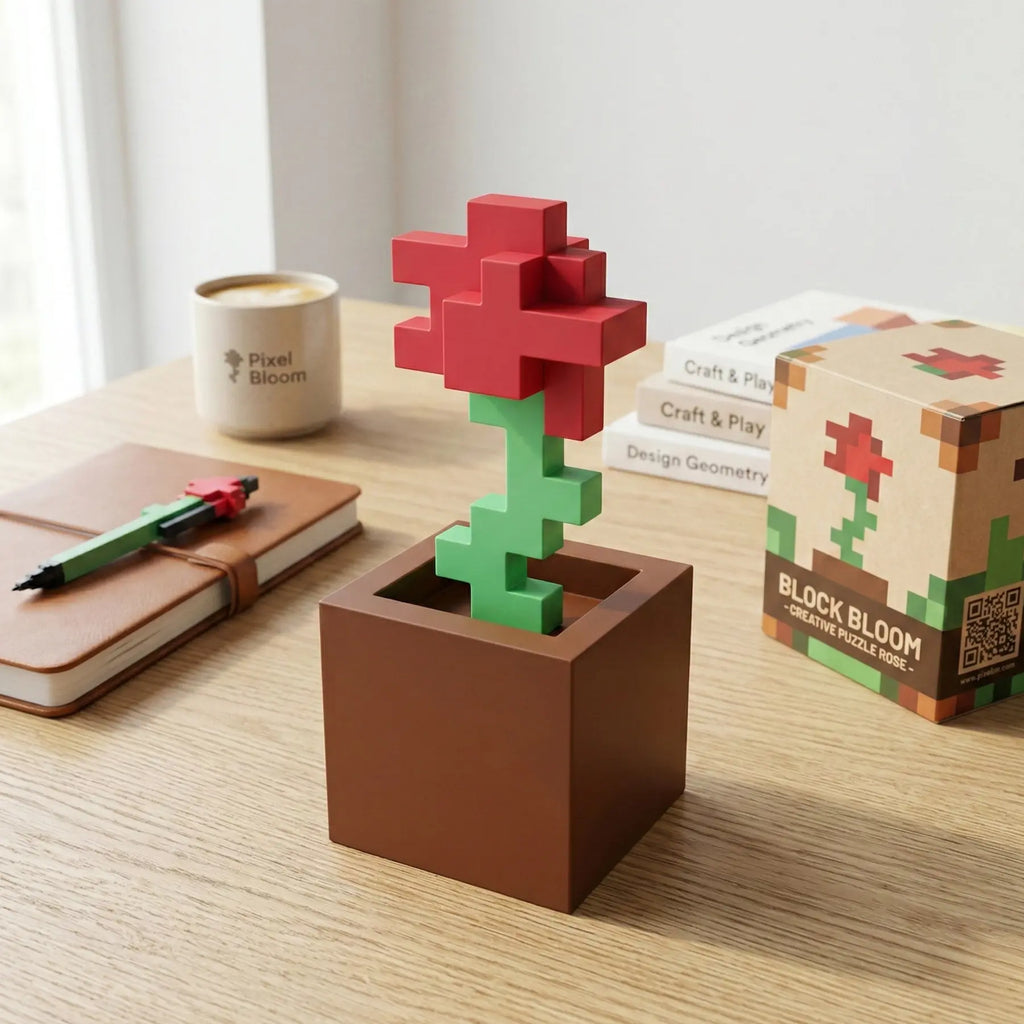 Pixel Rose Decoration, Flower Ornaments, Faux Floral Decor, No Power Required, Durable Plastic Construction, Suitable for Bedroom Desks, Office Desks and Home Decoration, Festival Party Gifts