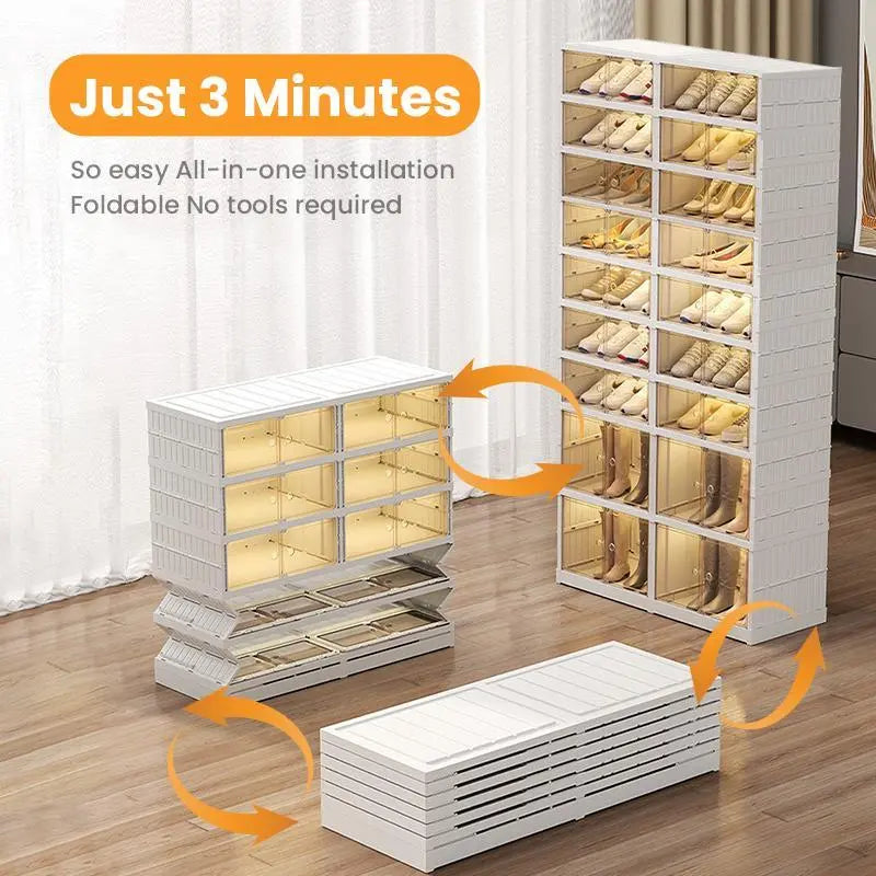 9-Tier Foldable Plastic Shoe Rack Organizer - Multilayer Display, Closet Organizer, Dust-Free Access, 18-Pair Capacity, Collapsible Stackable Magnetic Design, Fast 3-5 Min Setup, Compact Storage for Tiny Spaces (For Families/Individuals)