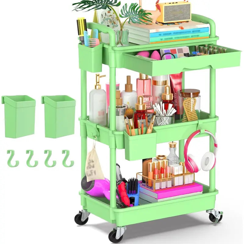 VANCASTLE 3/4 Tier Rolling Utility Cart Organizer with Removable Drawer - Sturdy Rolling Storage Cart with 2 Lockable Wheels for Bathroom, Kitchen, Snack, Craft, Makeup, and Baby Essentials White Racks bathroom organizer garage accessories