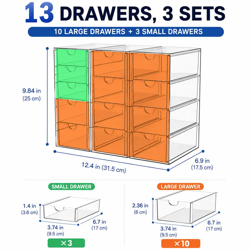 Acrylic Makeup Storage Box with 13 Drawers, Bathroom Counter Organizer, Acrylic Organizers, Desk Organizer, Office Supplies, Storage Drawers for Cosmetic, Pencil, Coffee