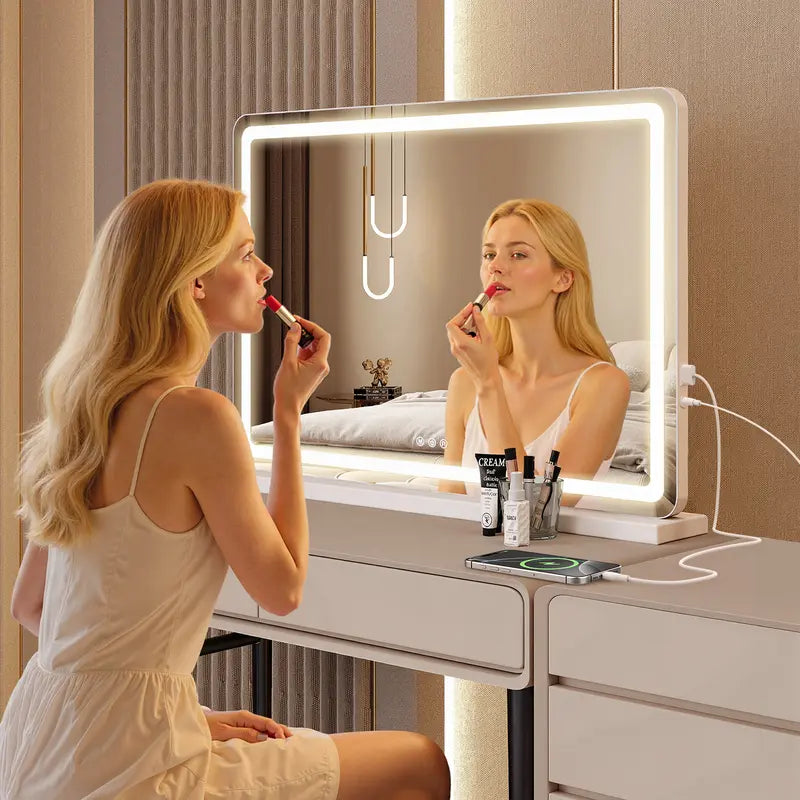 Sweetcrispy Rectangular Smart LED Dimmable Interior Lighted Vanity Mirror - Small Tabletop LED Cosmetic Mirror with Smart Touch Control, Adjustable Lighting, Multi-Size Options (19x22in, 22x32in)