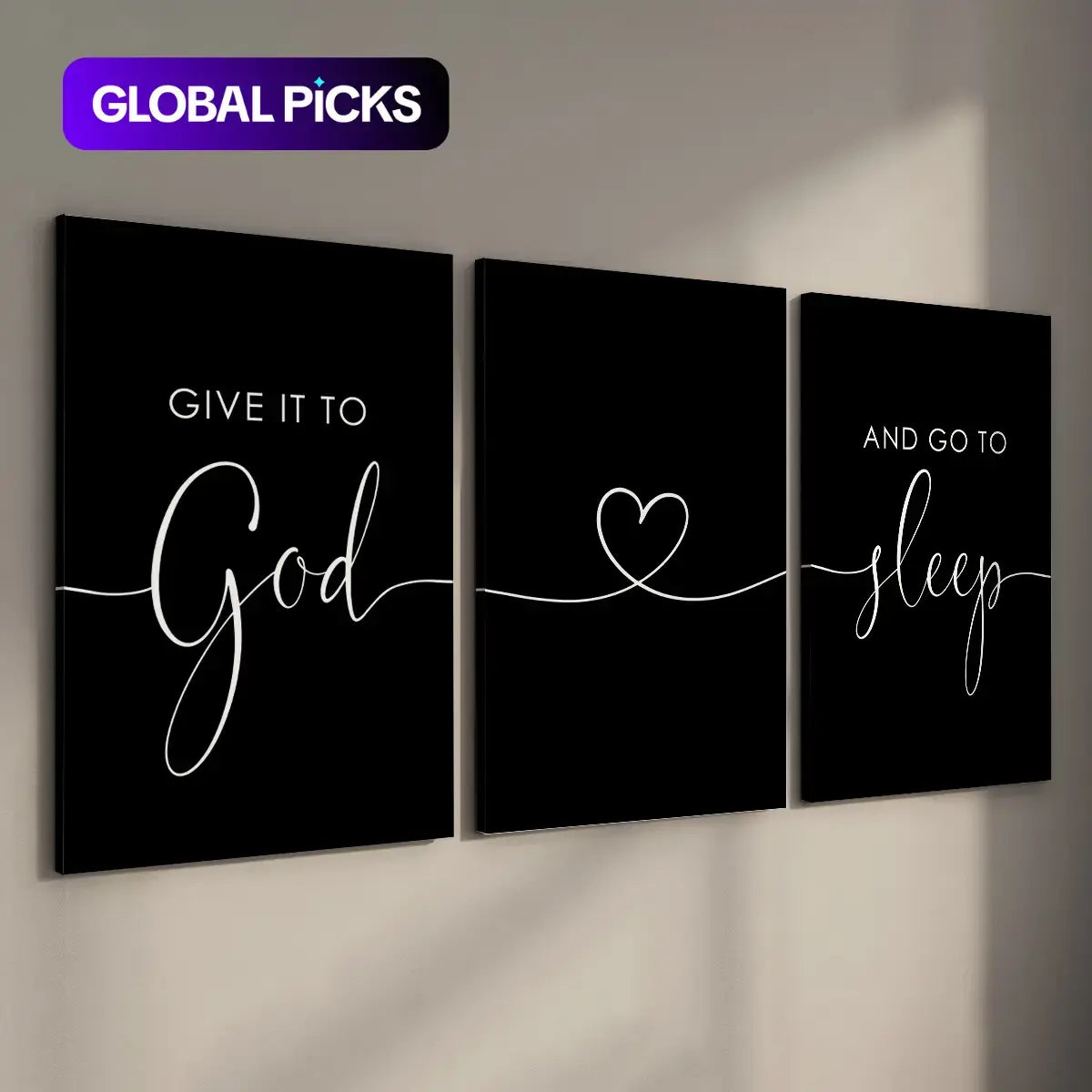 Wood Framed Canvas Wall Art, 3 Counts/set Give It To God and Go To Sleep Letter Pattern Printed Wall Decor, Wall Art for Home Living Room Bedroom Office Gallery, Ornaments #GLOBAL PICKS