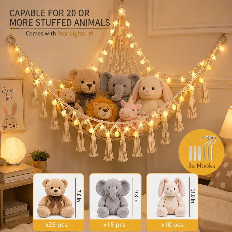 Large Cotton Hanging Stuffed Animal Hammock - 118in Star Lights, Pearl White Nursery Accessory, Corner Space-Saving Toy Storage Organizer, Aesthetic Whimsical Girl Room Bedroom Decor, Girl Room Decor