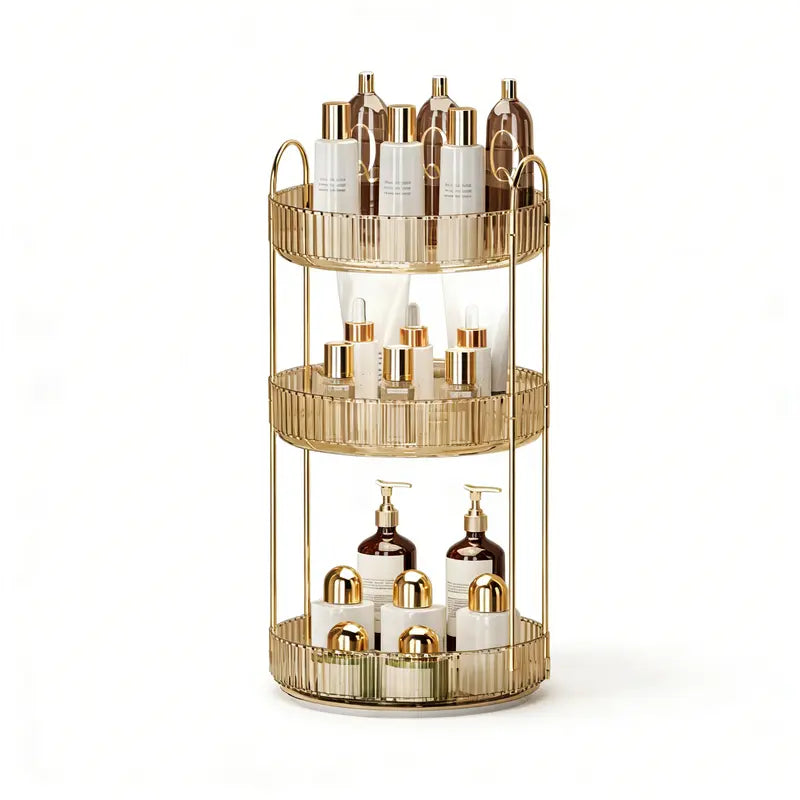 UFORU 3-Tier Transparent Plastic Corner Bathroom Counter Organizer Storage - Bathroom Accessory with Gold Metal Pole, Anti-Slip Trays for Cosmetics, Perfumes, Skincare, Vanity Use, Bedroom Organizer Storage