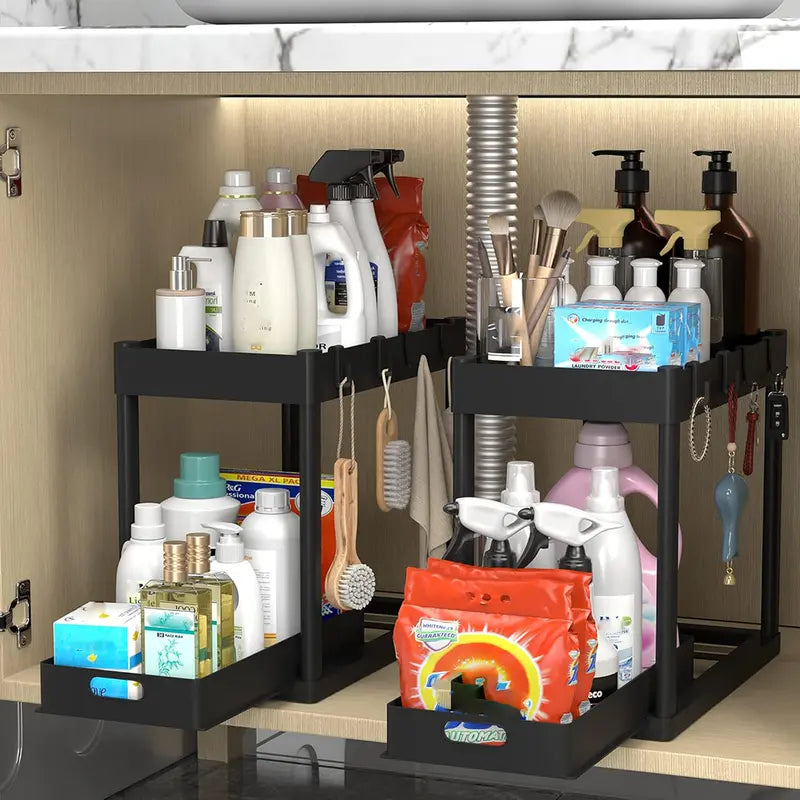 2-Pack Black Under Sink Sturdy Open Shelf Organizer (15x8x12.8in), Plastic Multi-Purpose Anti-Slip Sliding Baskets with 8 Hooks, Metal-Frame Kitchen Accessories for Cabinets, Drawer Storage Organizer, Racks for Furniture Storage & Small Items Organization