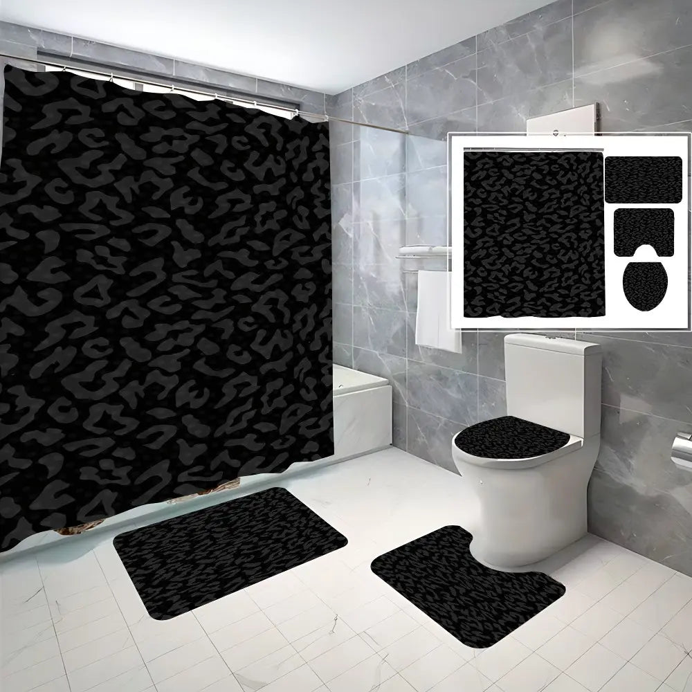 4 Pcs Black Leopard Print Bathroom Curtains Shower Set with 12 Hooks,Dark Cheetah Pattern Large Waterproof Thickened Mildew Proof Bathroom Partition Curtain,Bathroom Shower Curtain,Toilet Lid Cover,Non-Slip Bathroom Rugs and U Shape Bath Mat,Modern Decor
