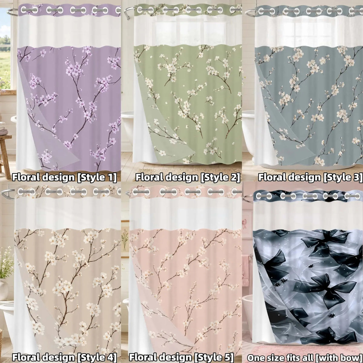 1Pc Hookless Double Layer Aesthetic Shower Curtain, Beige Cherry Blossom Floral Print, Minimal Farmhouse Bathroom Decor, Water Repellent Washable Fabric, Removable Snap-in Liner, Top See-Through Window, For Apartment
