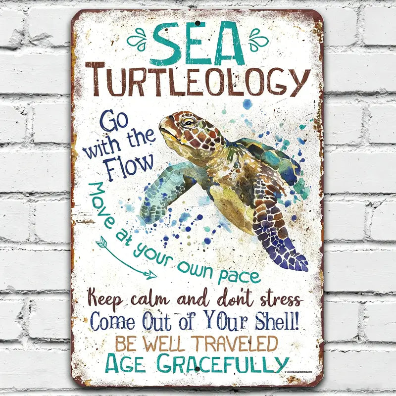 Vintage Tropical Metal Sea Turtle Plaque Sign - Retro Porch Sign, Vintage Plaque Decoration, Anti-Stress Inspirational Home Decor with "Keep Calm & Don’t Stress", "Go With The Flow", "Move At Your Own Pace" Quotes - Gift for Slow Living Lovers