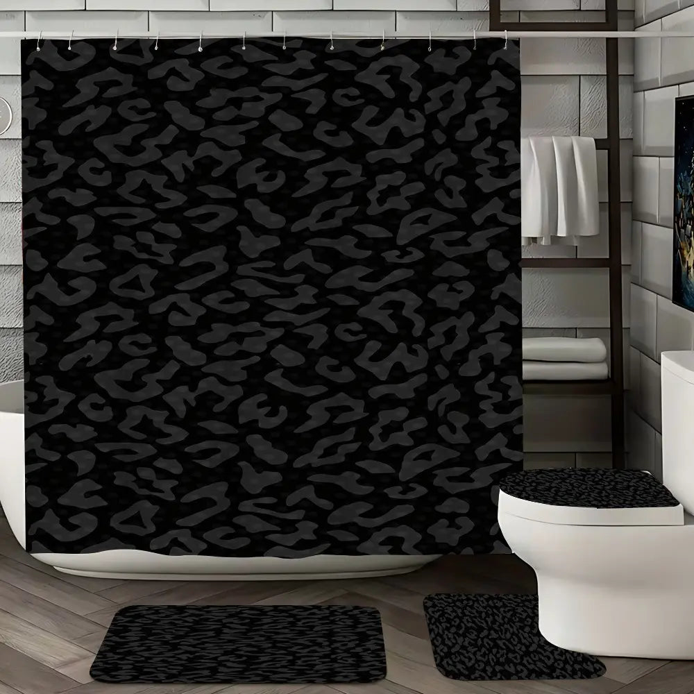 4 Pcs Black Leopard Print Bathroom Curtains Shower Set with 12 Hooks,Dark Cheetah Pattern Large Waterproof Thickened Mildew Proof Bathroom Partition Curtain,Bathroom Shower Curtain,Toilet Lid Cover,Non-Slip Bathroom Rugs and U Shape Bath Mat,Modern Decor