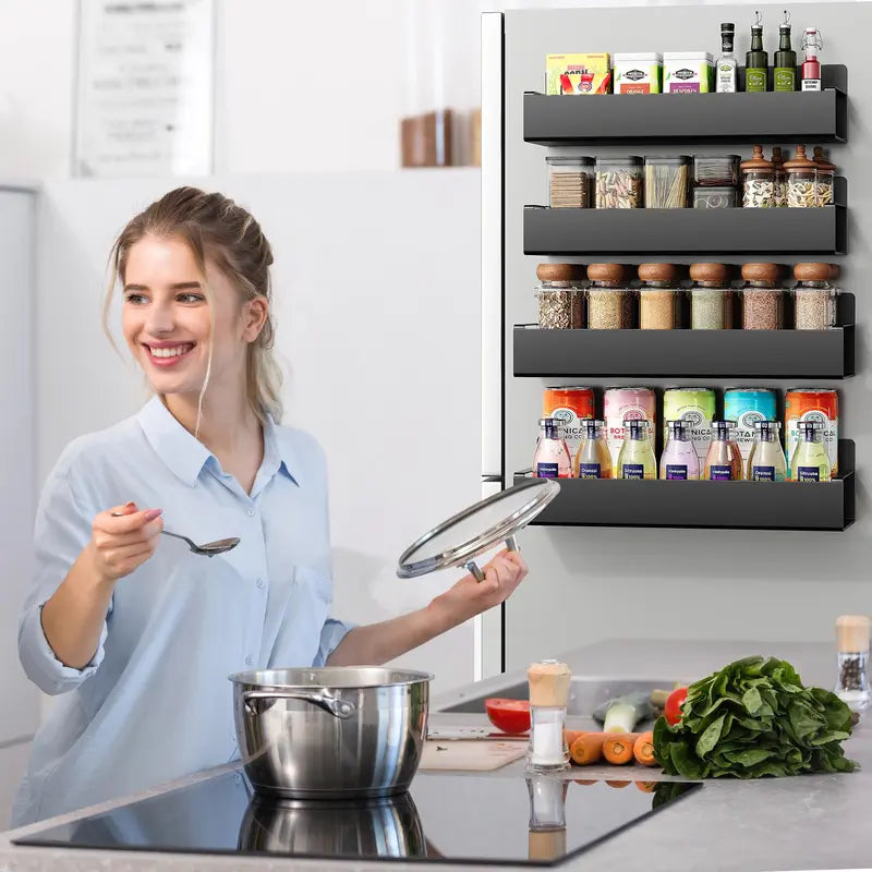 4 Pack Magnetic Spice Rack Organizer with Hooks for Refrigerator and Oven, Black Fridge Organizers and Storage for Kitchen