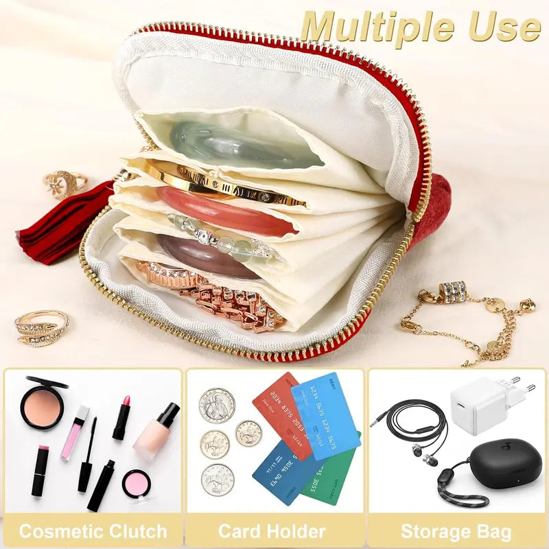 （Terracotta Red）Travel Jewelry Case, Portable Soft Jewelry Bags, Organizer Pouch with 5 Compartments Pocket, Anti-Scratch Storage Holder for Bangle Bracelets Earrings Necklace, Women Gifts