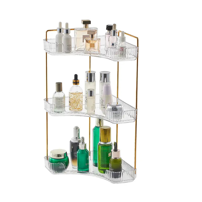 UFORU 3-Tier Transparent Plastic Corner Bathroom Counter Organizer Storage - Bathroom Accessory with Gold Metal Pole, Anti-Slip Trays for Cosmetics, Perfumes, Skincare, Vanity Use, Bedroom Organizer Storage