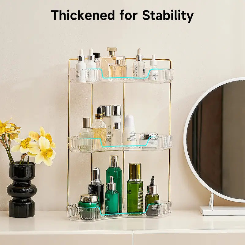 UFORU 3-Tier Transparent Plastic Corner Bathroom Counter Organizer Storage - Bathroom Accessory with Gold Metal Pole, Anti-Slip Trays for Cosmetics, Perfumes, Skincare, Vanity Use, Bedroom Organizer Storage