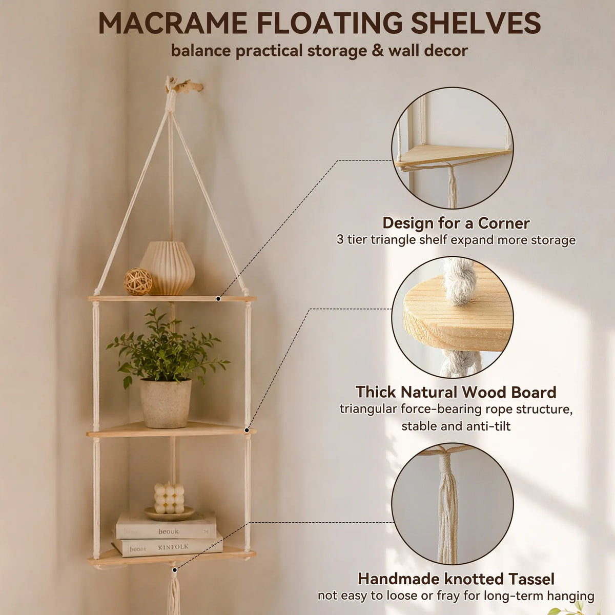 Wooden Wall-Mounted Space Saving Design Hanging Rack, 1 Count Boho Triangle Corner Wall Shelf, Home Decor for Bedroom, Living Room or Study, Shelfs For Wall #GLOBAL PICKS