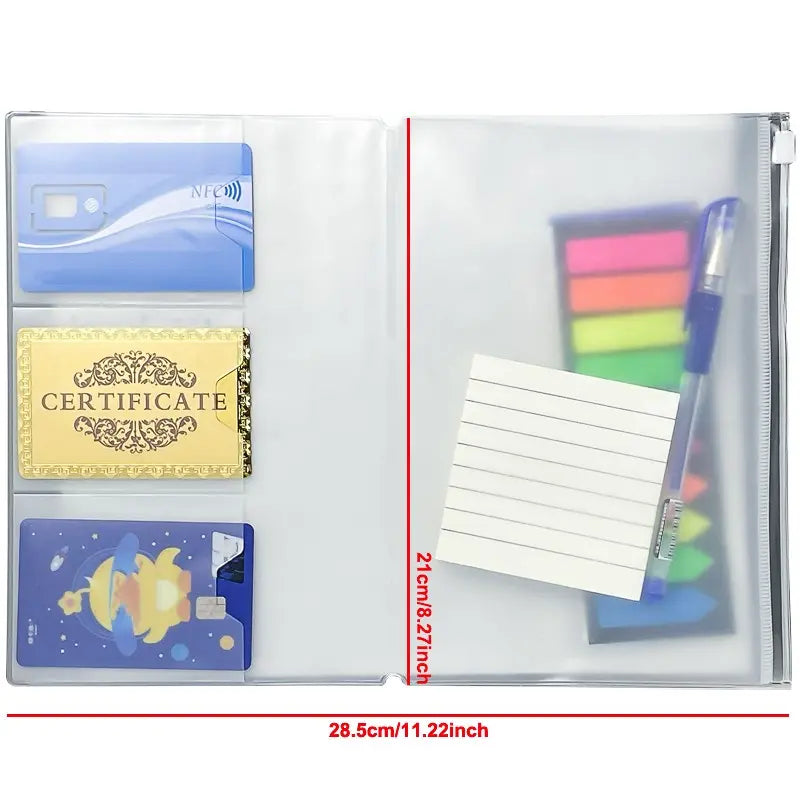 Traveler's Notebook Zipper Pouch with Card Holder, Plastic Storage Bag for TN Journals, Scrapbooks and Notebooks, Fits Standard, Passport and A5 Size, Organizer Bags