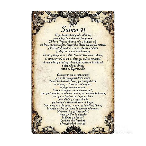 1pc 12x8in Aluminium 2D Flat Decorative Sign & Plaque - Vintage Spanish Psalm 91 Inspirational Religious Wall Art, Ornate Framed Ornaments, Default Spanish Faith Decor, Vintage Home Decor for Home Prayer Rooms Focal Point