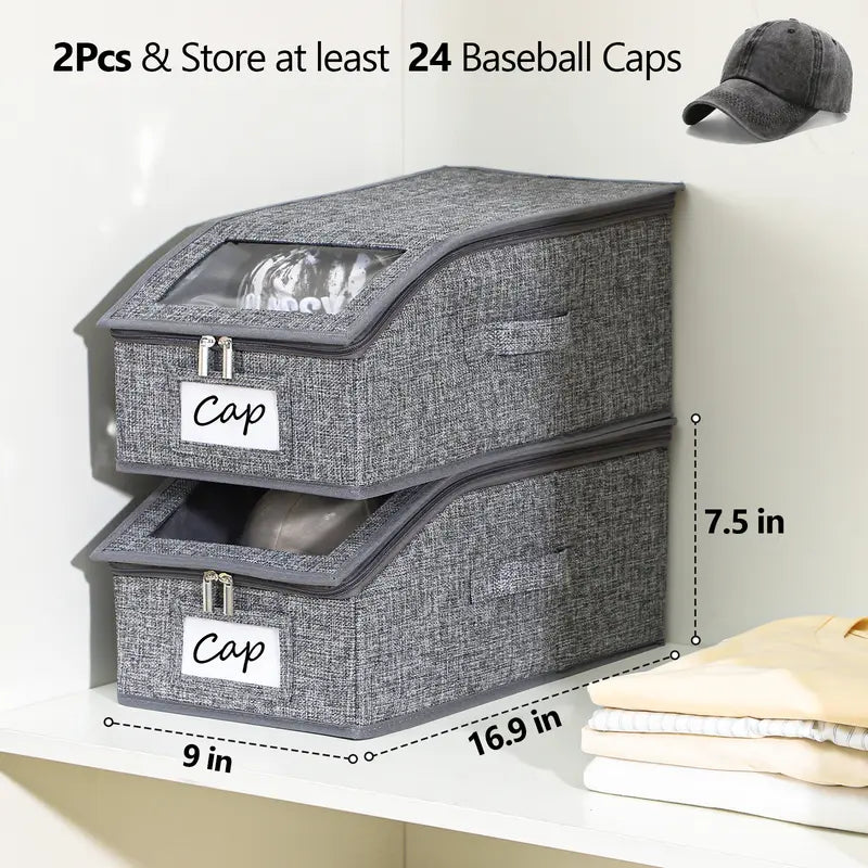 TAYTUU Linen 1-Pack Stackable Trapezoid Hat Organizer Bin with Drawstring, Cardboard-Supported Space-Saving Window Boxes for Closet, Transparent Holds 12 Caps, Men’s & Women’s Christmas/Mother’s Day Gifts