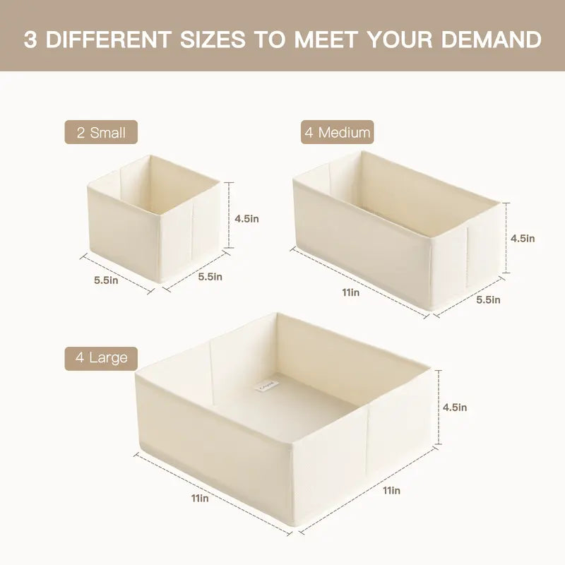 Criusia 10-Pack Plastic Foldable Square Drawer Organizer Bins - Compartmentalized Divided Compartments, Multi-Size Stackable Heavy Boards, Collapsible Storage Bins for Baby Clothes, Fold for Travel Clothes Organiser
