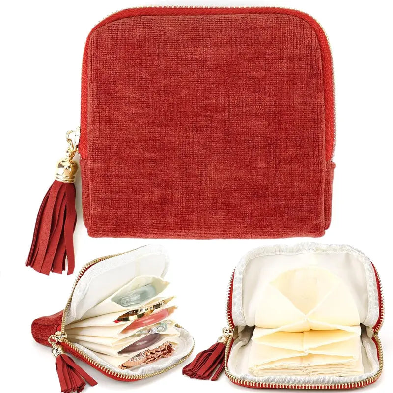 （Terracotta Red）Travel Jewelry Case, Portable Soft Jewelry Bags, Organizer Pouch with 5 Compartments Pocket, Anti-Scratch Storage Holder for Bangle Bracelets Earrings Necklace, Women Gifts