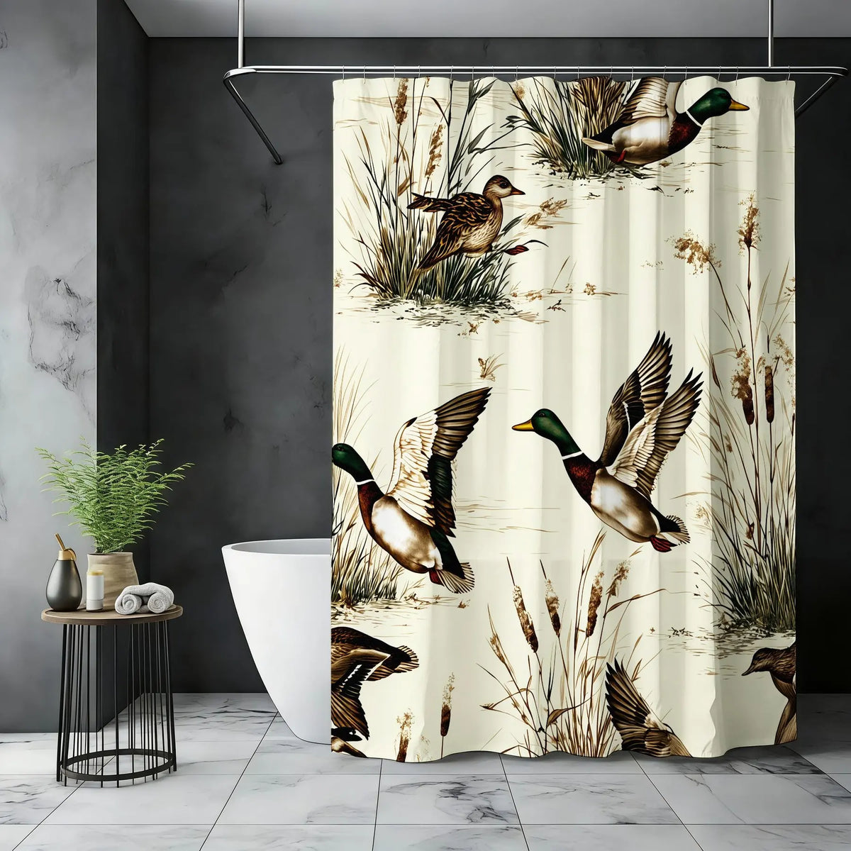 Vintage Mallard Ducks Shower Curtain, Rustic Cream Decorative Bathroom Accessory, Wildlife Print Outdoor Theme, Ideal for Spring Refreshment, Bath Shower Curtain