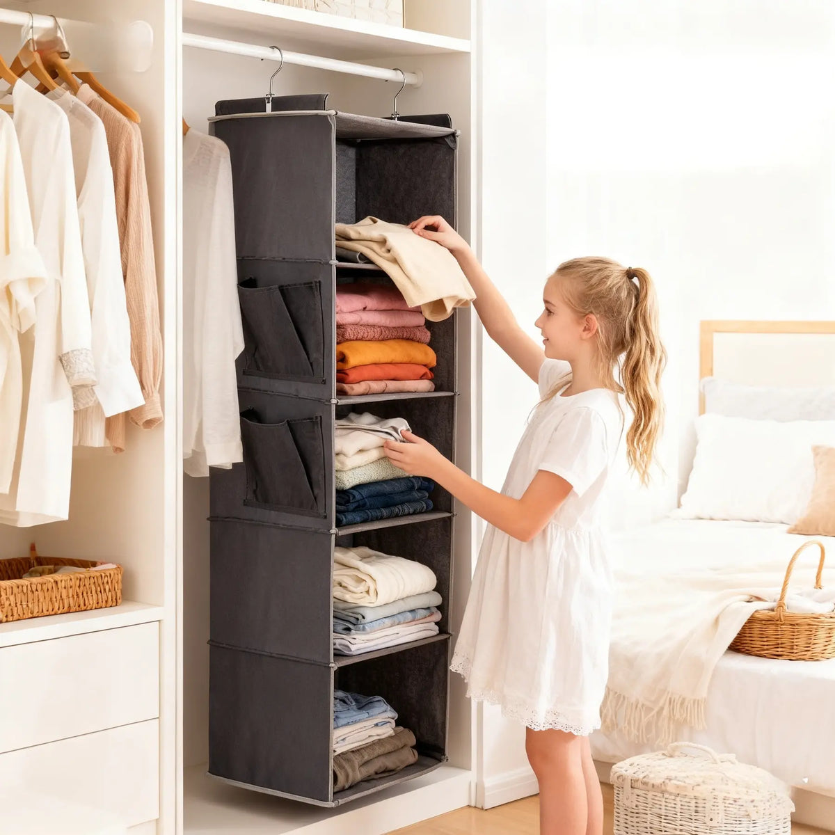 Multi-layer Hanging Clothes Storage Organizer, Space Saving Hanging Clothes Organizer with Side Pocket, Foldable Clothing Storage Bag, Home Organizer for Bedroom, Foldable Storage Bags