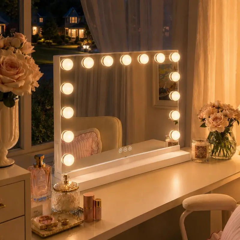 Hoodink Lighted Vanity Mirror, 23"x18" Hollywood Makeup Mirror with 15 LED Bulbs, 3 Color Modes, USB Port, Tabletop-Wall Mount, Room Decor, House Decor, Vanity Organization, Girl Room Accessories for Women White