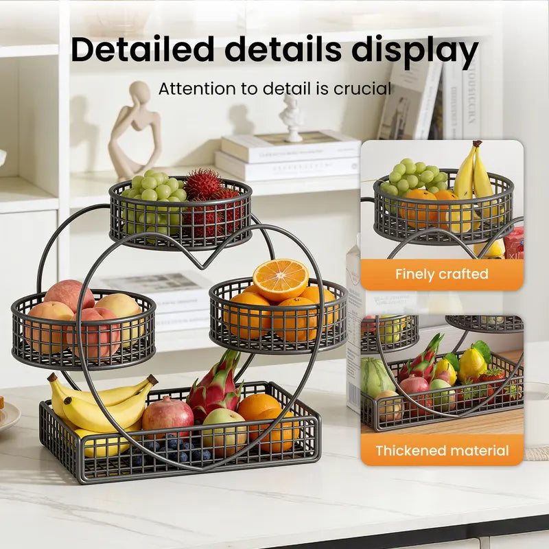 3-Tier Metal Frame Heart-Shaped Wire Mesh Open Basket Rack - Kitchen Countertop Organizer, Fruit & Snack Holder, Kitchen Decor Ideas, Thanksgiving Gift, Bathroom Storage Solution with Included Storage Bag for Displaying Items