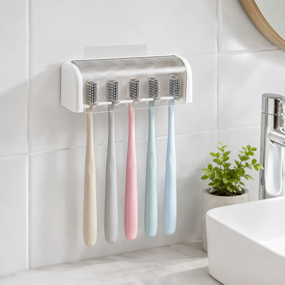 5-Slot Toothbrush Holder with Lid, Self-adhesive Wall Toothbrush Storage Rack, Plastic Bathroom Supplies, Suitable for Dormitories and Showers, Bathroom Accessory, Toothbrush Holders For Bathrooms