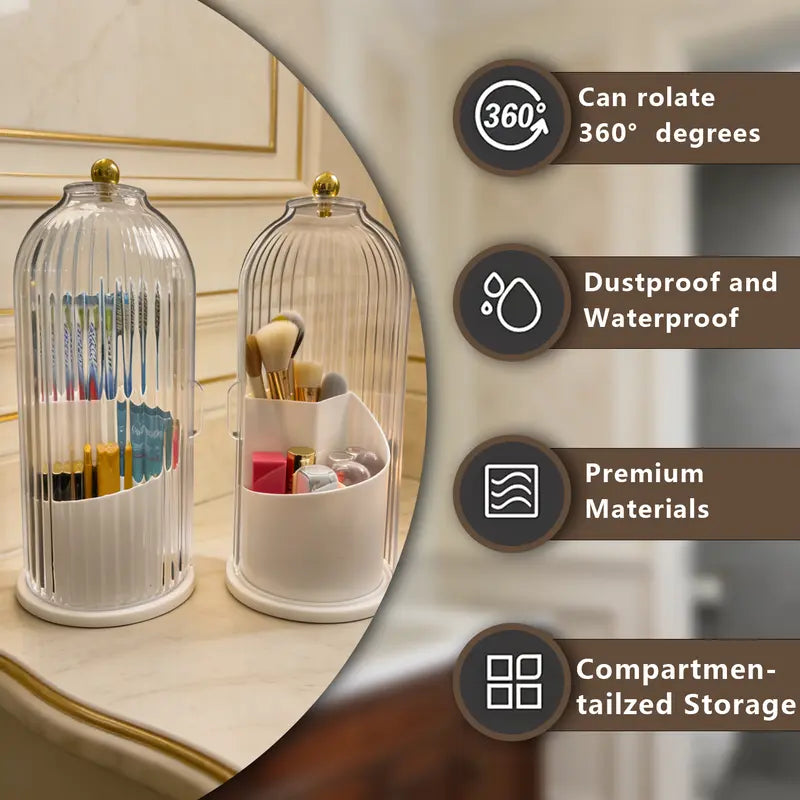 ABS Toothbrush Holder for Bathroom - 360-Degree Rotating, 10.62in 3-in-1 Sliding Lid Organizer with Multiple Slots for Brushes, Toothpaste, Space-Saving Modern Vanity Decor, Birthday/Anniversary Gift for Girlfriend/Daughter