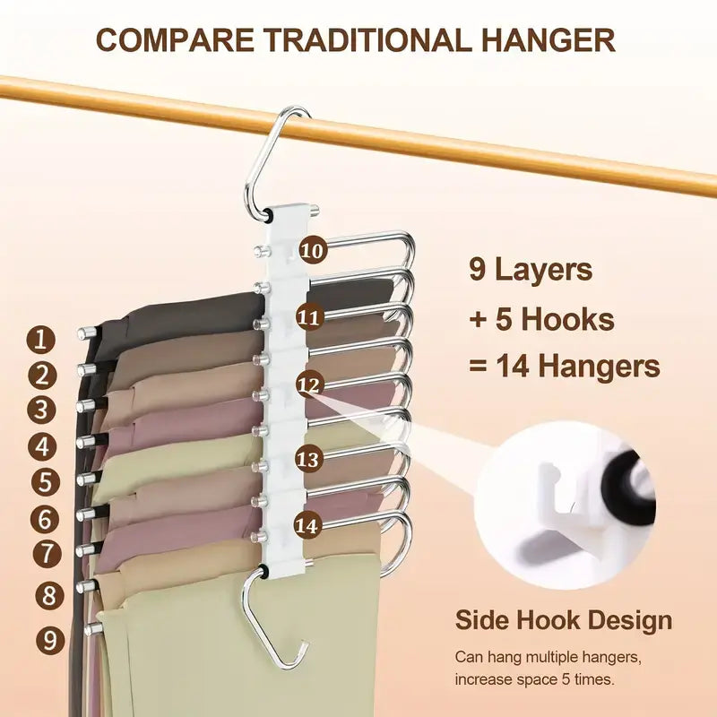 Stainless Steel 5/9-Tier Hanging Trouser Rack - Self-Assembly, Non-Slip, Rust-Resistant Compact Hanger with 5 Extra No-Clip Hooks, Holds Heavier Garments, Ideal for Home Closets, Retail Spaces, Gifting to Friends, Neighbors, Colleagues