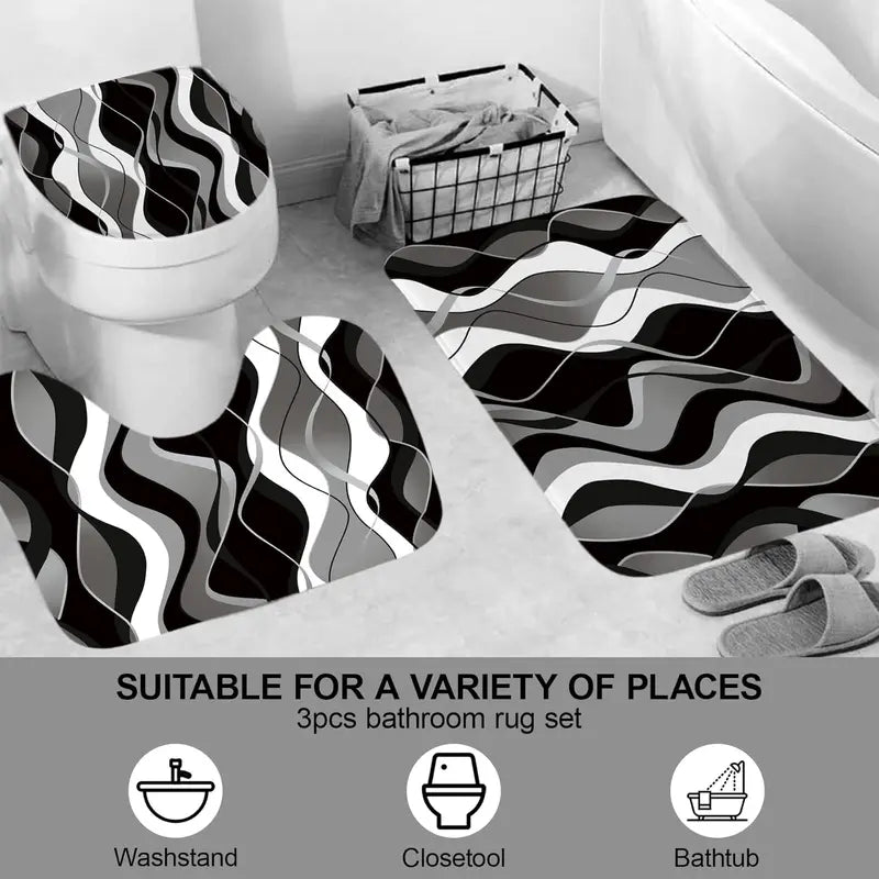 4 count Black Shower Curtain Sets with Non-Slip Rugs, Toilet Lid Cover and Bath Mat, Black and Gray Bathroom Decor Set Accessories Fabric  Shower Curtains with 12 Hooks, 72 x 72 Inch