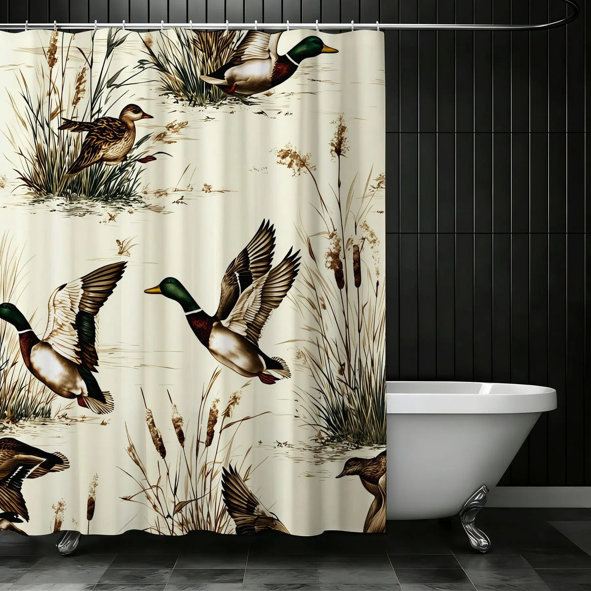 Vintage Mallard Ducks Shower Curtain, Rustic Cream Decorative Bathroom Accessory, Wildlife Print Outdoor Theme, Ideal for Spring Refreshment, Bath Shower Curtain