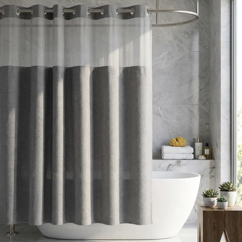 72x75 in Solid Double-Layer Fabric Shower Curtain Set - Waterproof Straight Waffle Weave, Snap-in Liner, Top Sheer Window, Adjustable Rod Compatible, Non-Slip, Modern Dark Grey, Water-Draining Home Bathroom Accessory, Shower Curtains