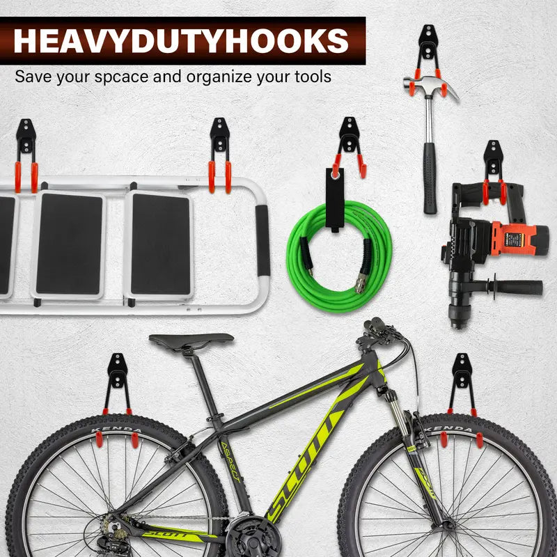16PCS Heavy Duty Wall-Mounted Garage Storage Hooks Set with Hardware & Straps Multi-Shape Organizer for Tools Bikes Ladders Garden Equipment in Garage Shed Workshop